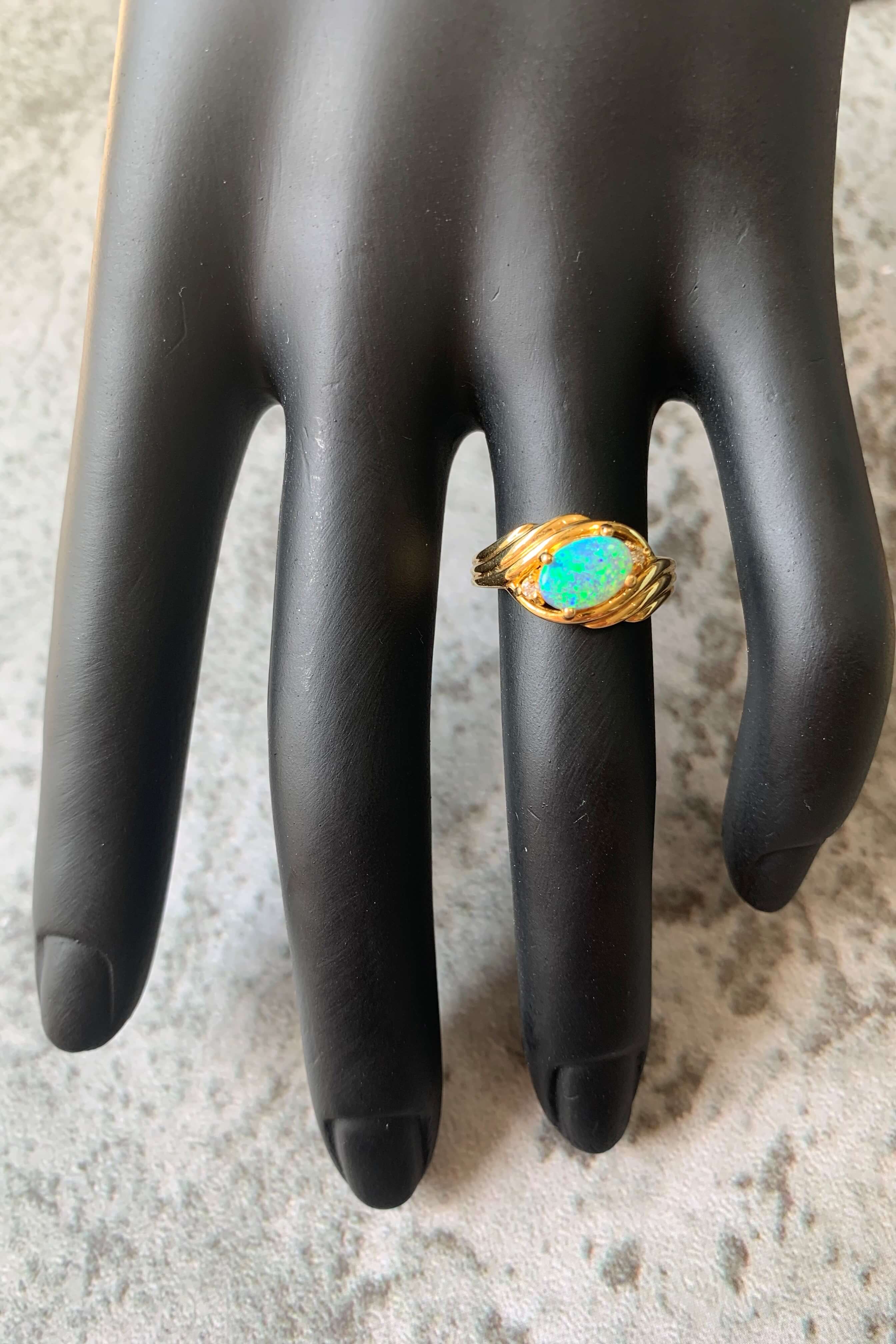 18kt Yellow Gold Black Opal and Diamond slanted ring - Masterpiece Jewellery Opal & Gems Sydney Australia | Online Shop