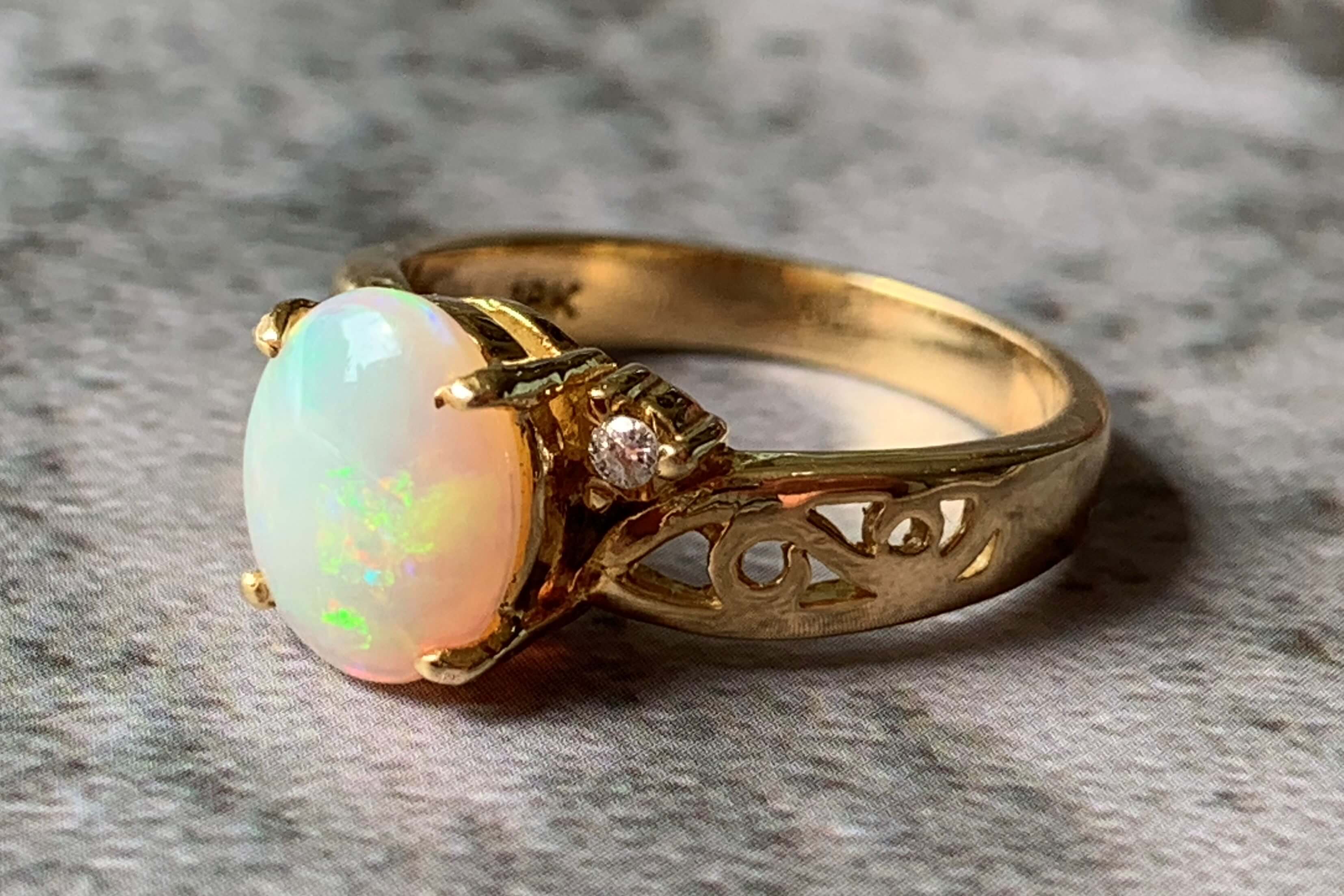 18kt Yellow Gold White Opal and Diamond ring - Masterpiece Jewellery Opal & Gems Sydney Australia | Online Shop