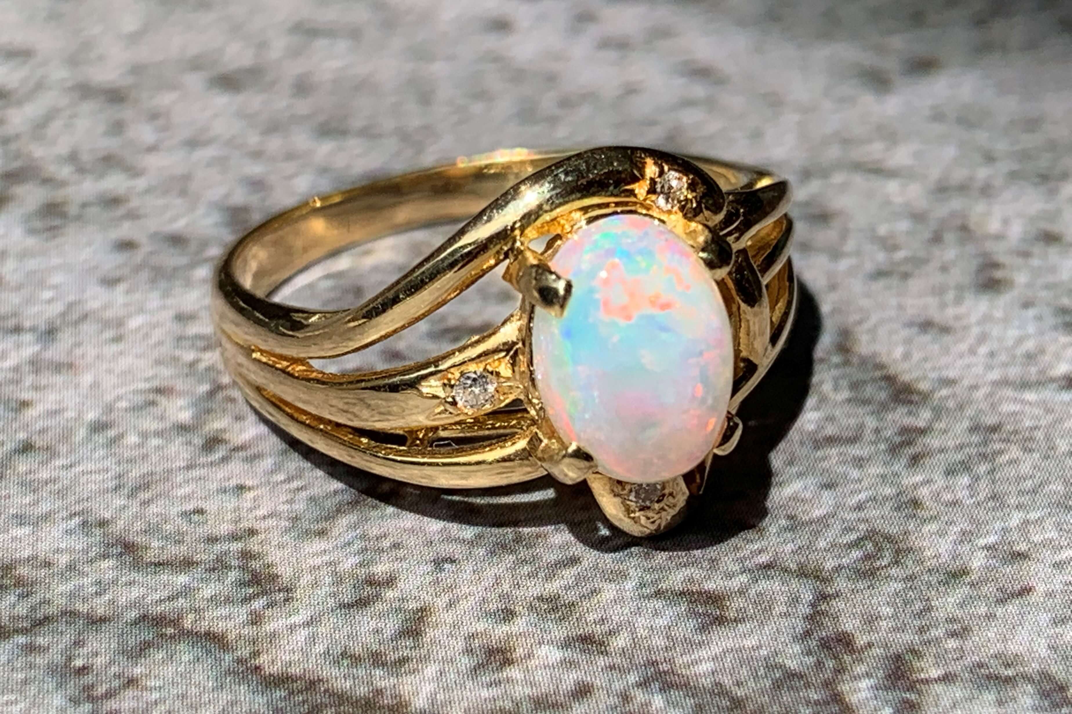 18kt Yellow Gold swirl Opal and Diamond ring - Masterpiece Jewellery Opal & Gems Sydney Australia | Online Shop