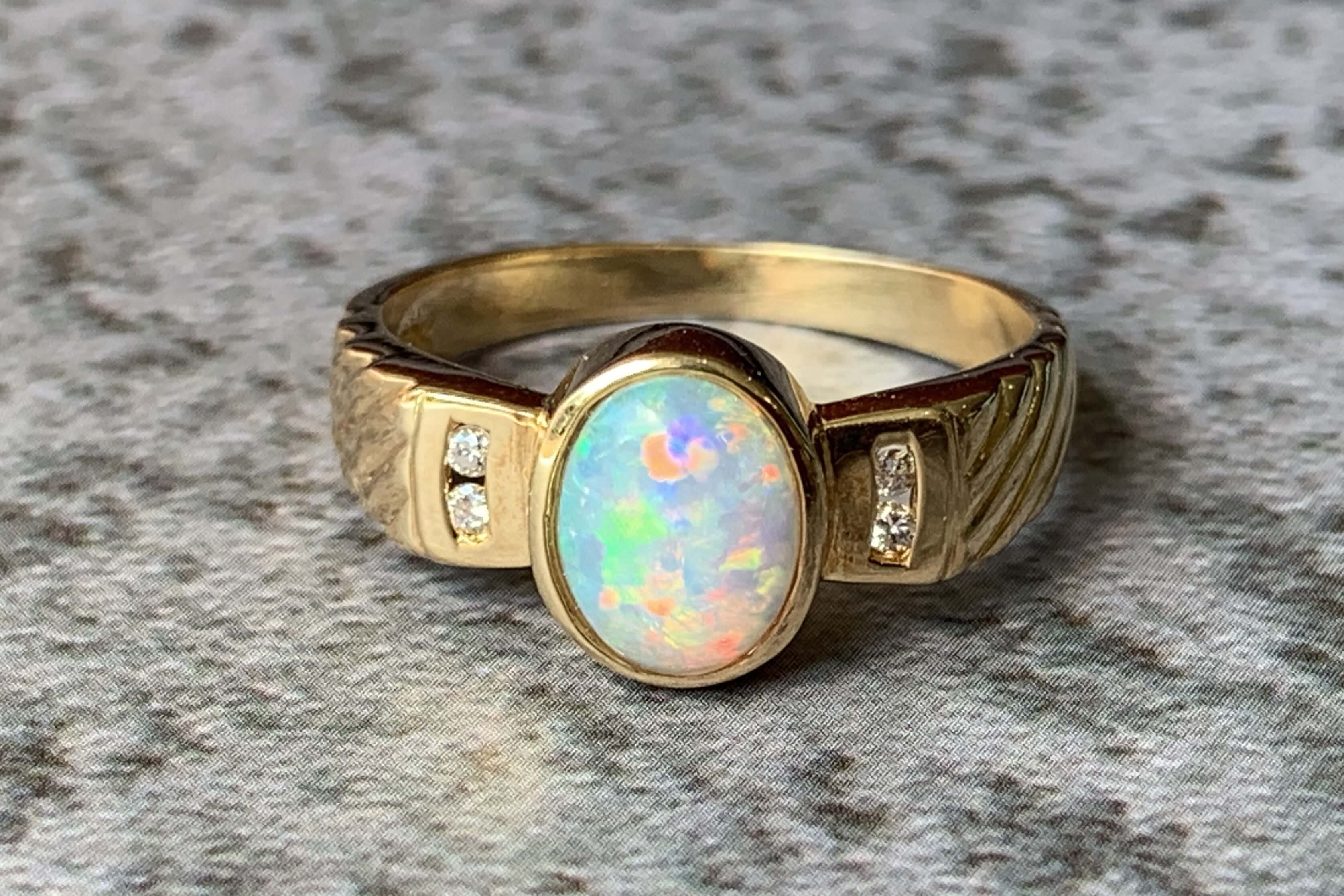 18kt Yellow Gold Crystal Opal and Diamond ring - Masterpiece Jewellery Opal & Gems Sydney Australia | Online Shop