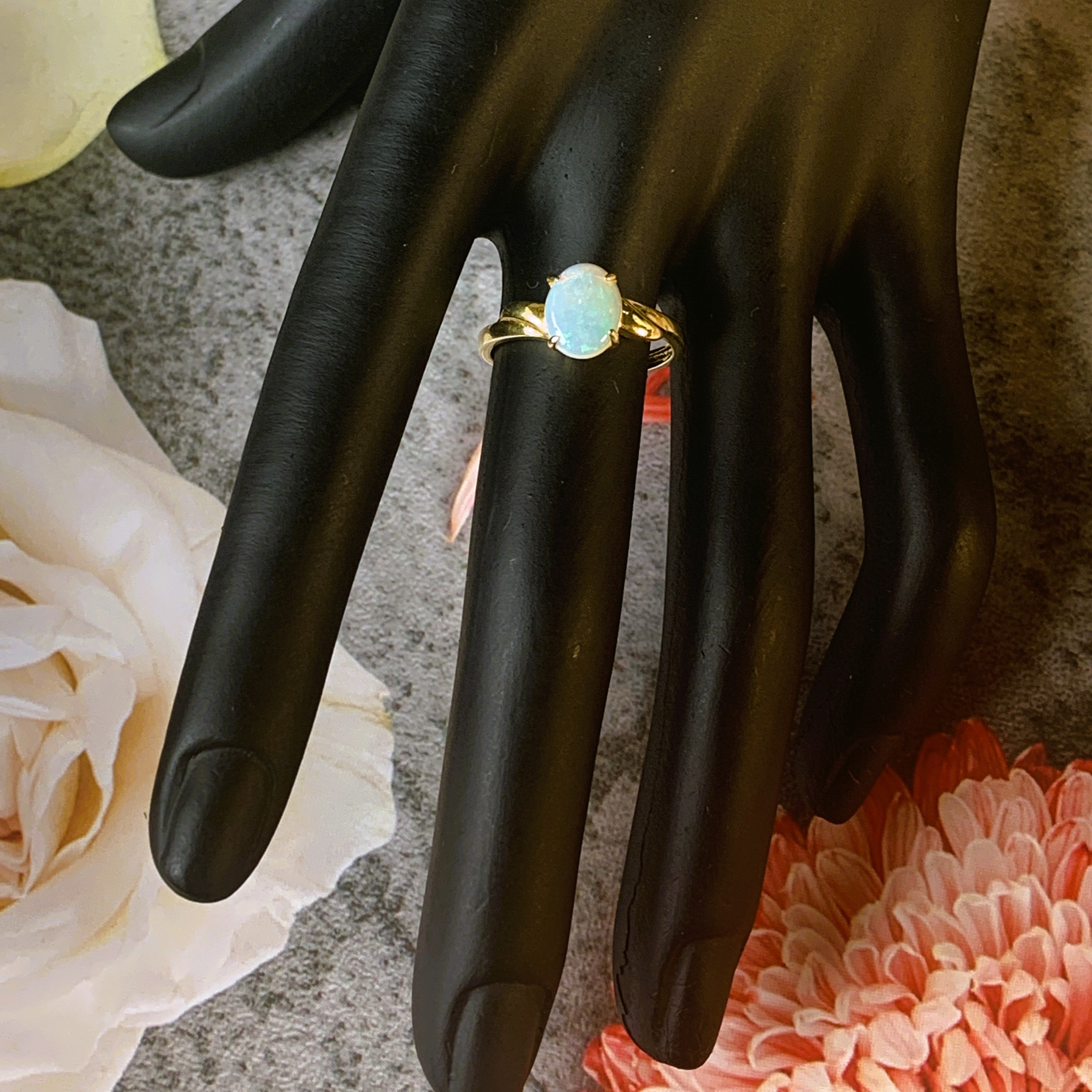 Gold plated 9x7mm White Opal double curve shank design ring - Masterpiece Jewellery Opal & Gems Sydney Australia | Online Shop