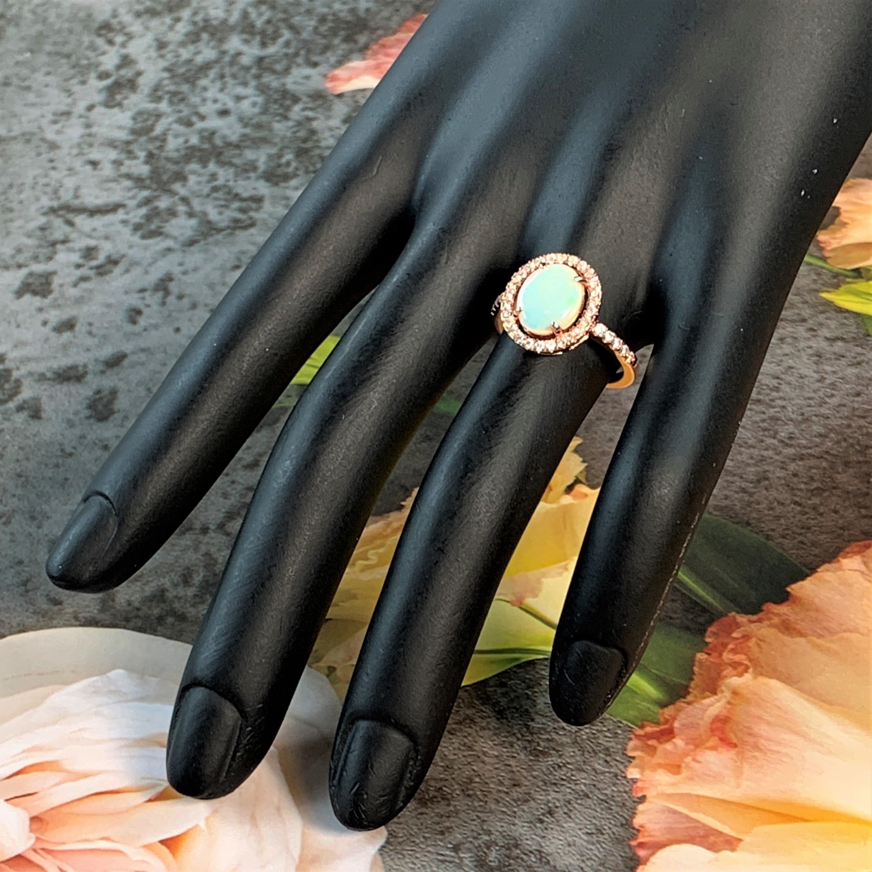 Rose Gold Plated White Opal 10x8mm halo ring - Masterpiece Jewellery Opal & Gems Sydney Australia | Online Shop