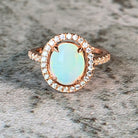 Rose Gold Plated White Opal 10x8mm halo ring - Masterpiece Jewellery Opal & Gems Sydney Australia | Online Shop