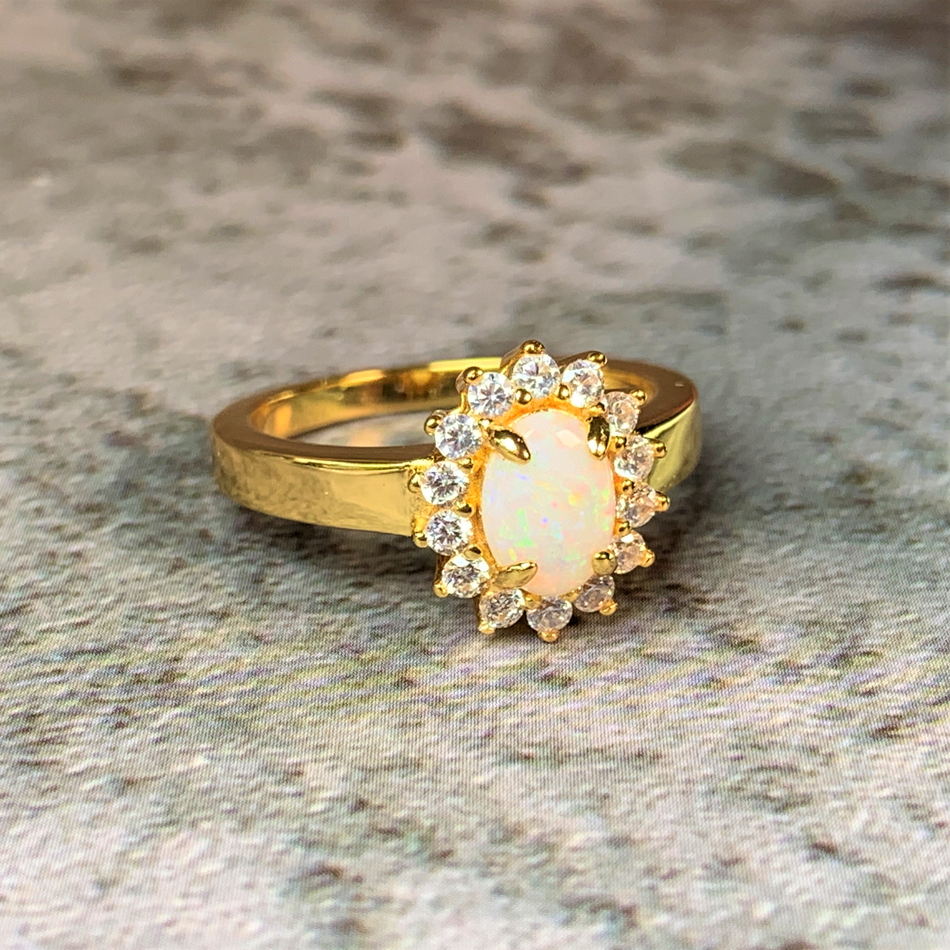 Gold Plated Sterling Silver cluster ring with 7x5mm White Opal - Masterpiece Jewellery Opal & Gems Sydney Australia | Online Shop