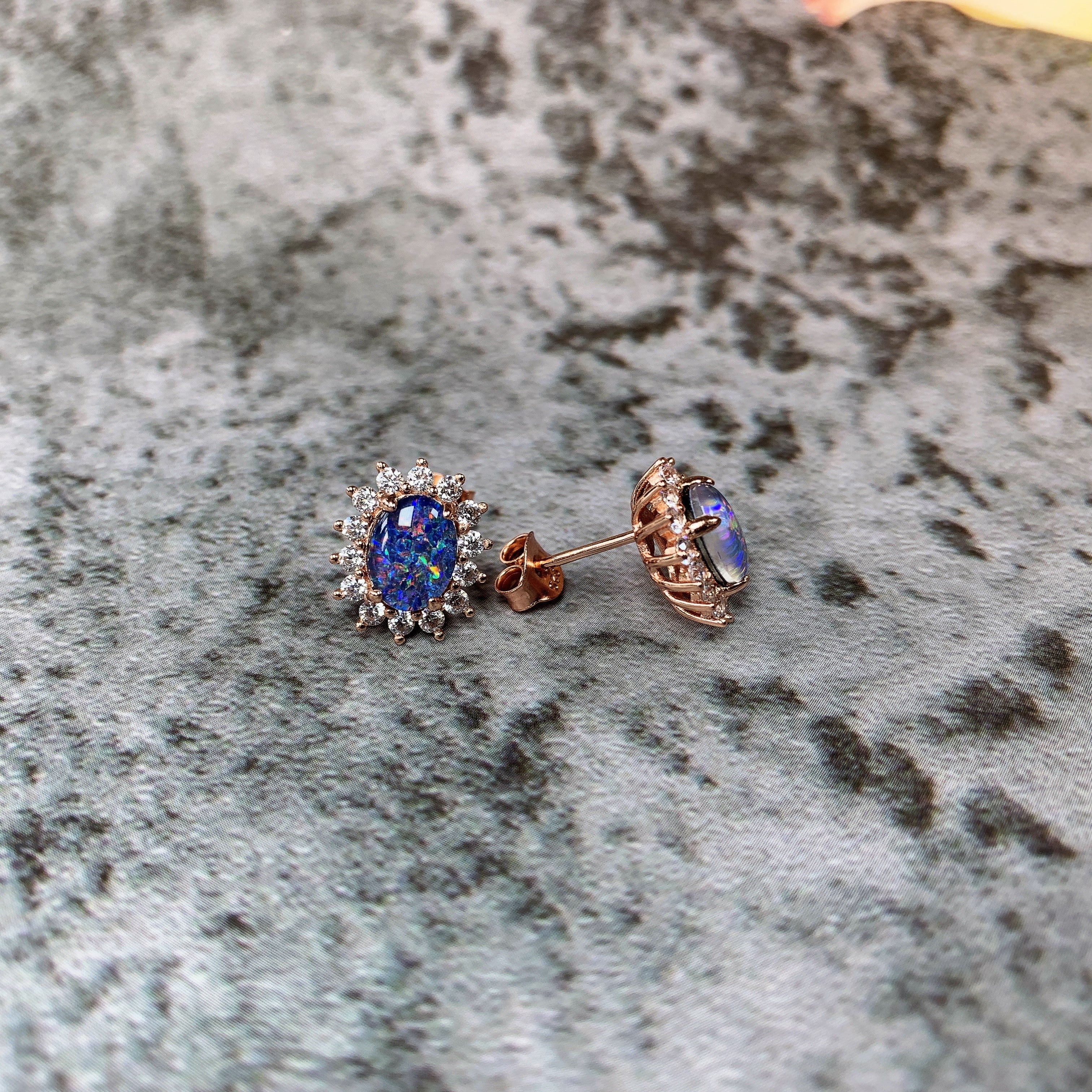 Rose Gold plated silver cluster earrings 8x6mm Opal triplets - Masterpiece Jewellery Opal & Gems Sydney Australia | Online Shop