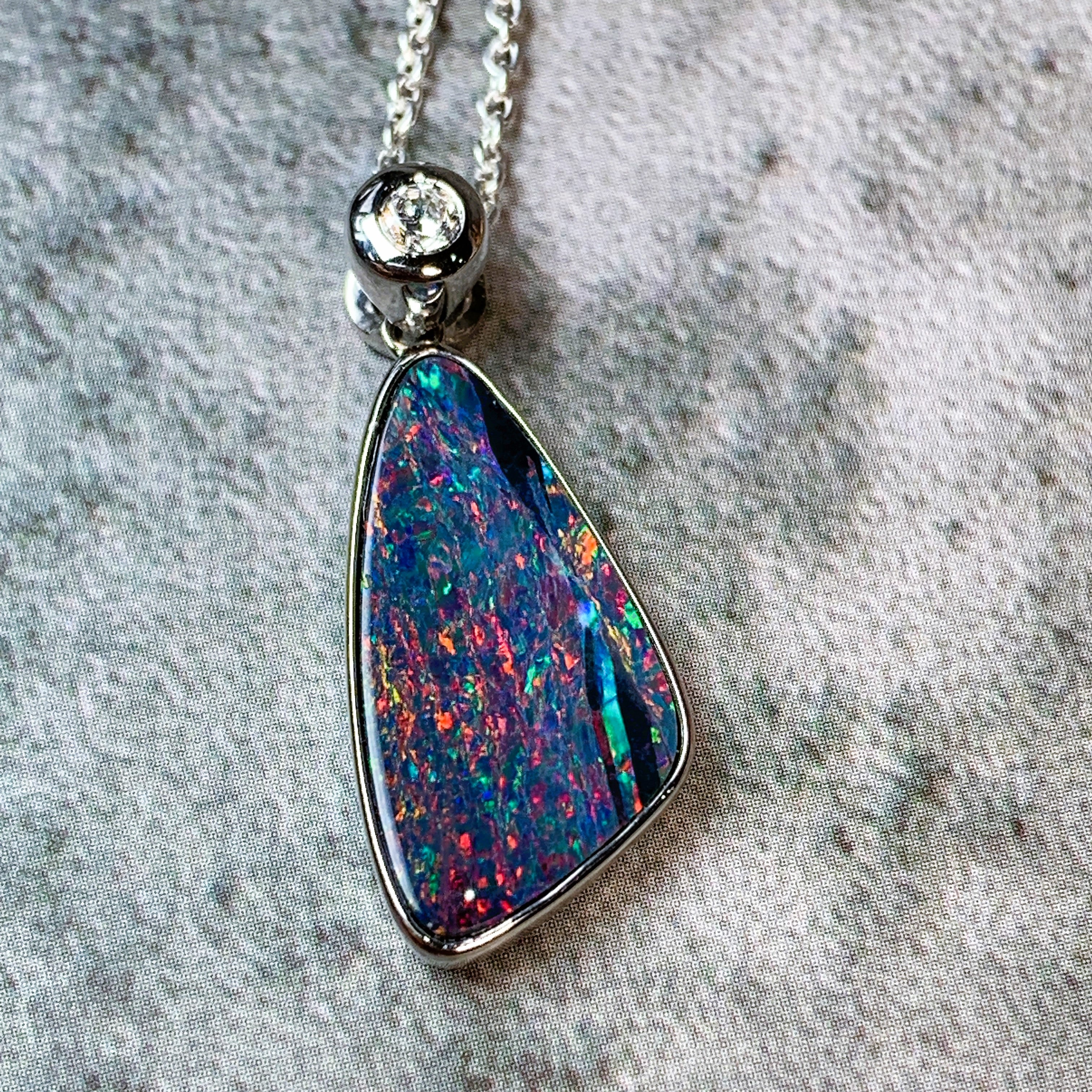 14kt White Gold Opal 3ct Doublet and Diamond triangle pendant - Masterpiece Jewellery Opal & Gems Sydney Australia | Online Shop