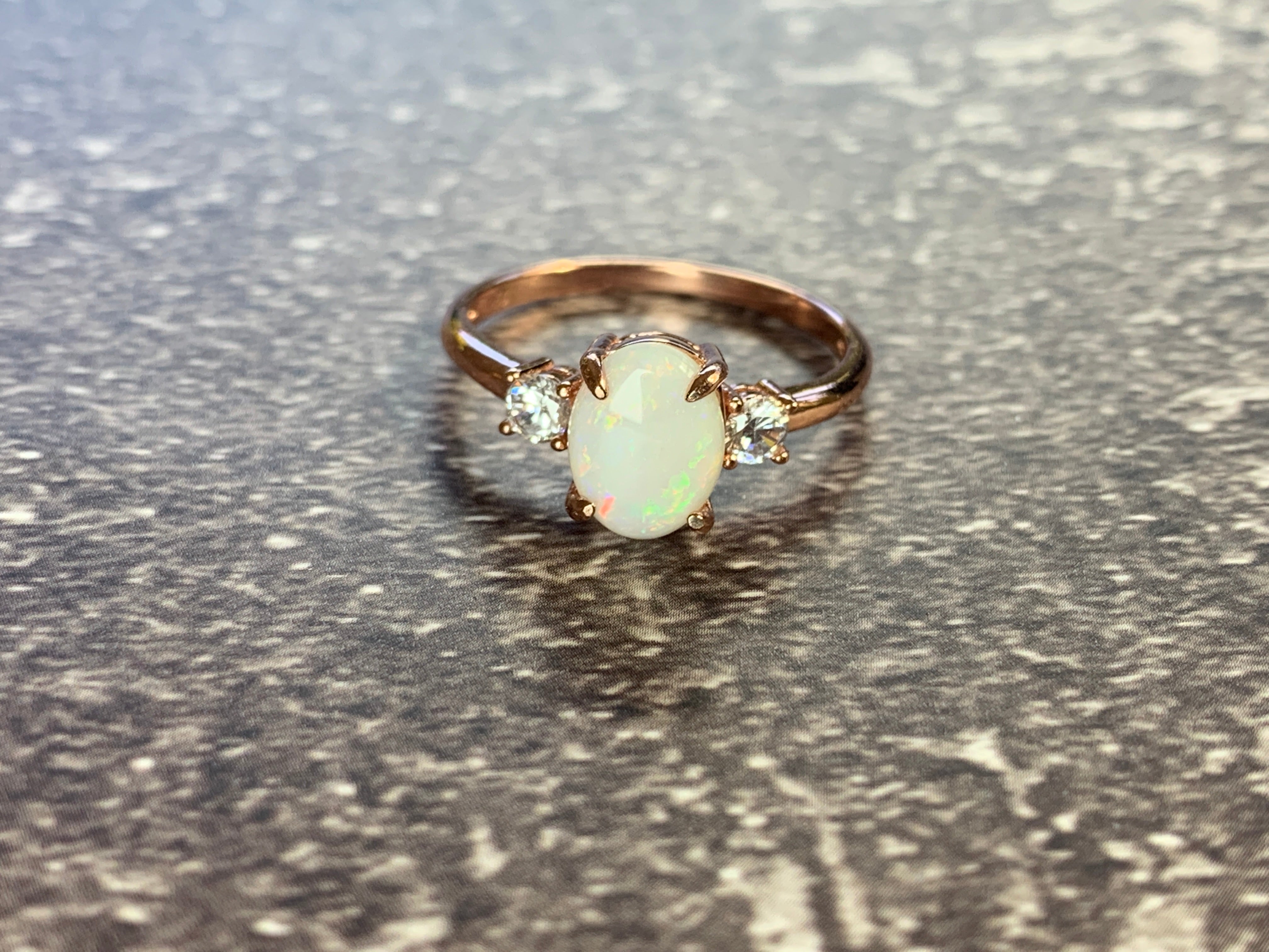 Rose Gold Plated Sterling SIlver 10x8mm White Opal ring trilogy - Masterpiece Jewellery Opal & Gems Sydney Australia | Online Shop