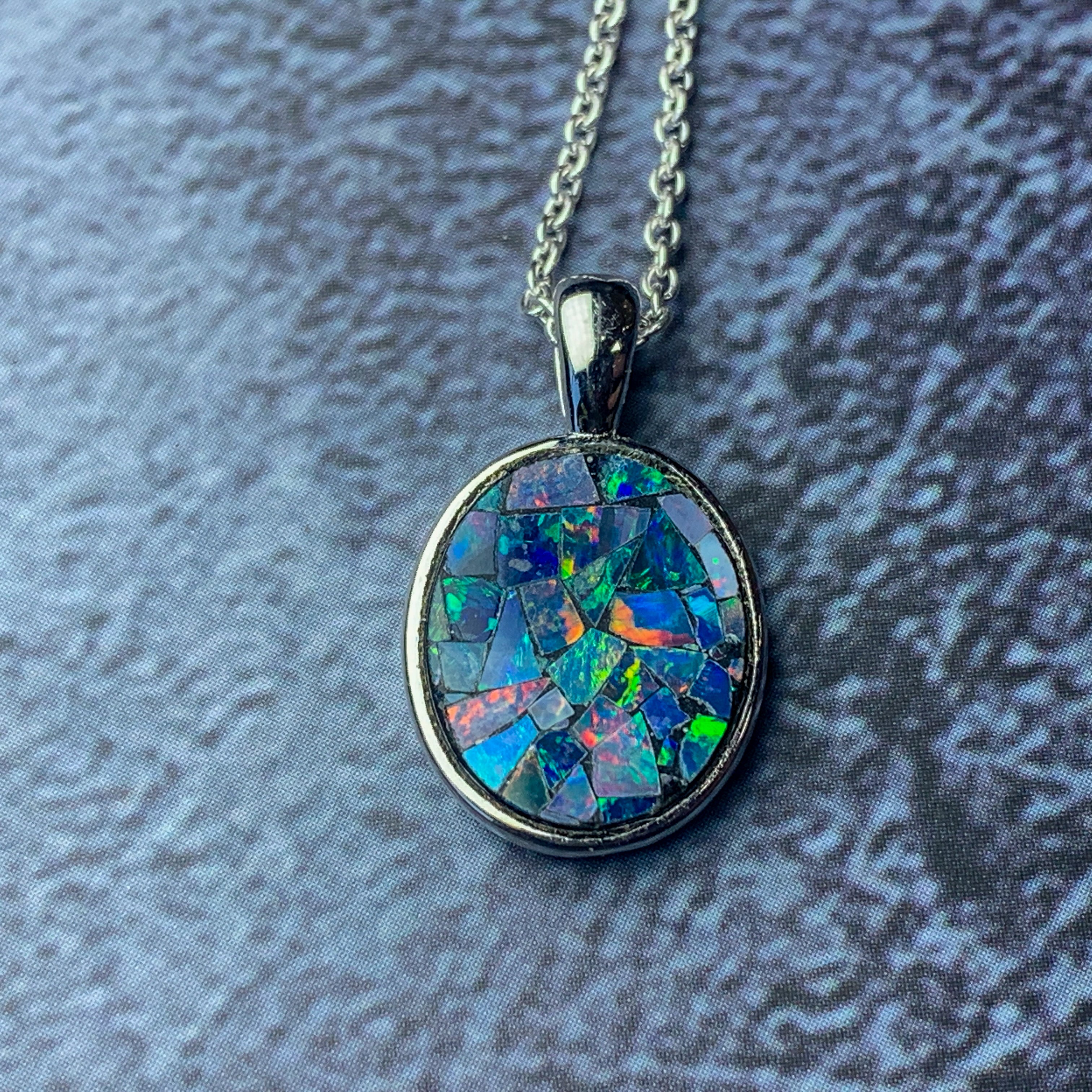 Sterling Silver Mosiac Opal Oval bezel pendant 12x10mm - Masterpiece Jewellery Opal & Gems Sydney Australia | Online Shop