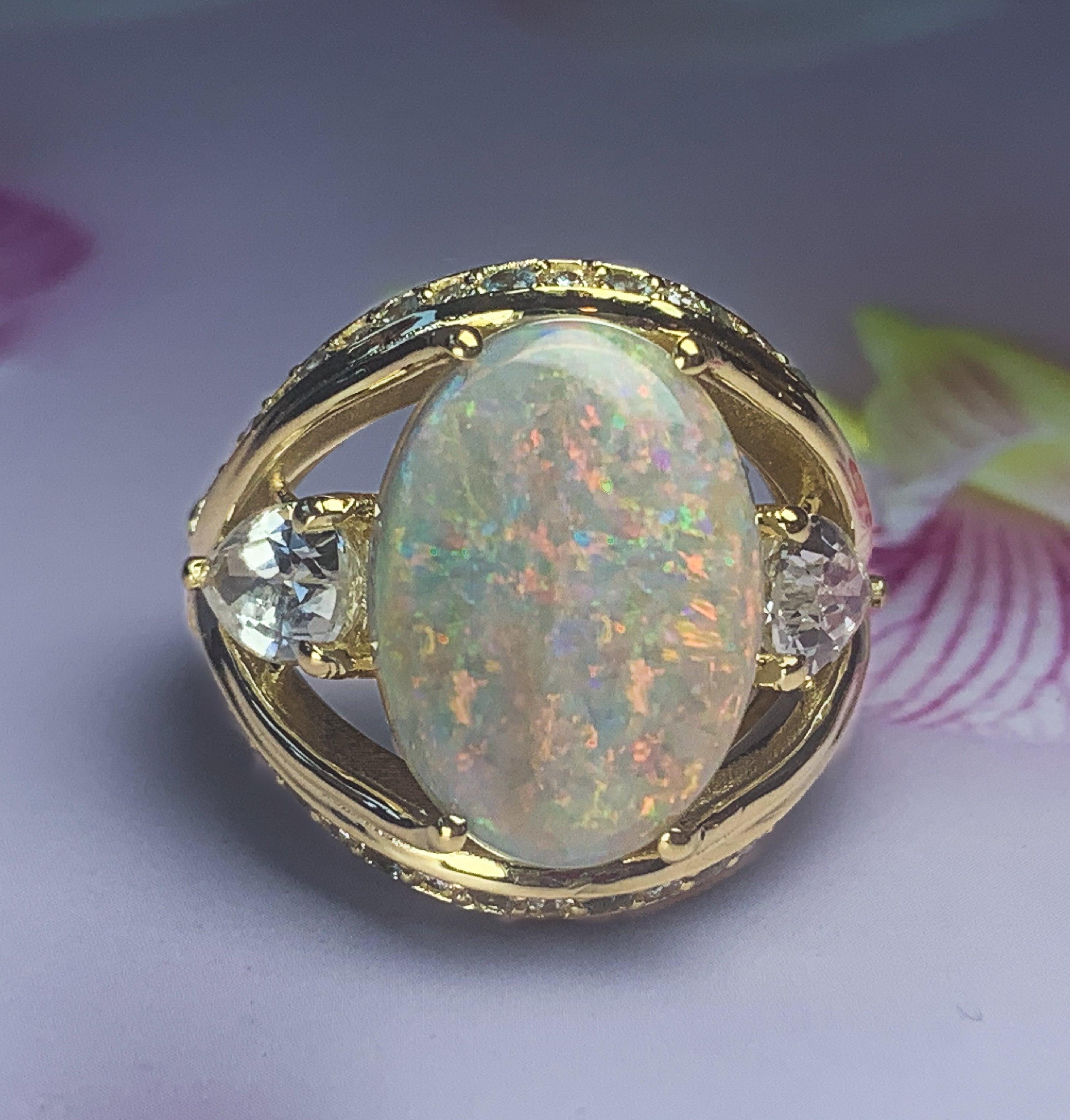 18kt Yellow Gold Black Opal, Sapphire, Aquamarine and Diamond ring - Masterpiece Jewellery Opal & Gems Sydney Australia | Online Shop