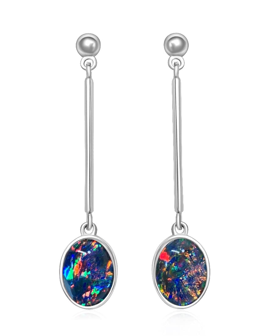 Sterling Silver long drop Australian Opal triplets earrings - Masterpiece Jewellery Opal & Gems Sydney Australia | Online Shop