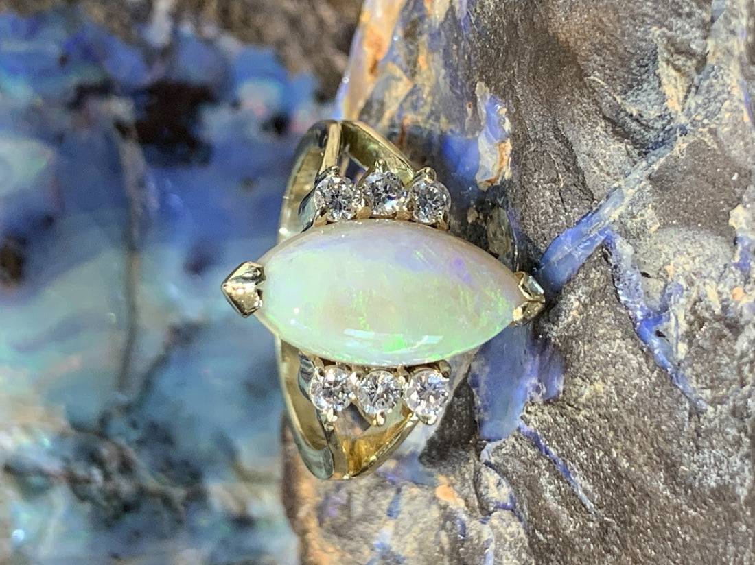 14kt Yellow Gold Marquise Opal and Diamond ring - Masterpiece Jewellery Opal & Gems Sydney Australia | Online Shop